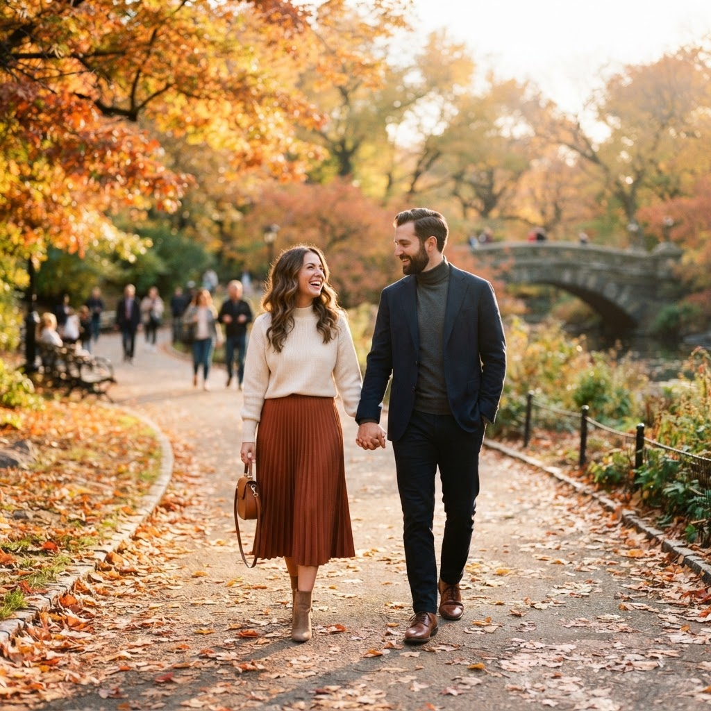 A couple walking hand in hand through a sunlit park